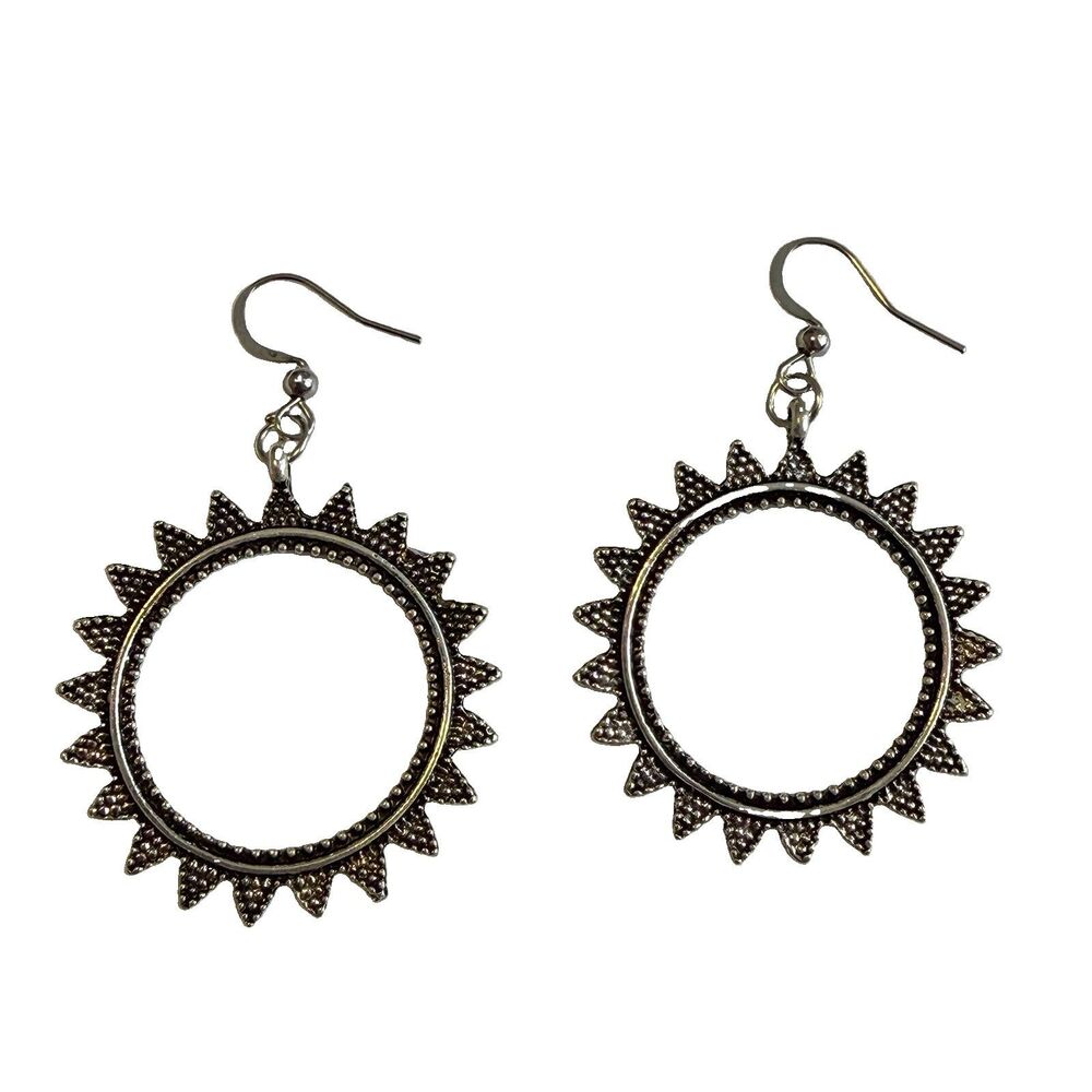Vintage Boho Silver Tone Sunburst Hoop Dangle Earrings Celestial Open Circle